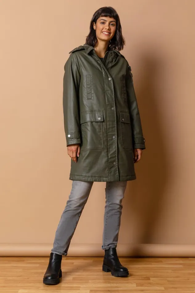 Khaki Waxed Longline Hooded Coat Women Roman Coats