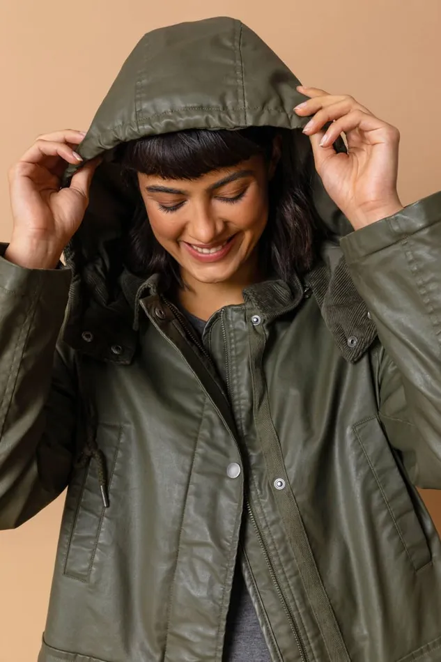 Khaki Waxed Longline Hooded Coat Women Roman Coats