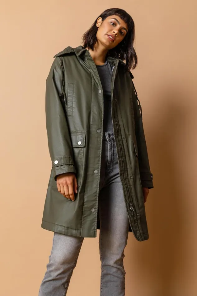 Khaki Waxed Longline Hooded Coat Women Roman Coats