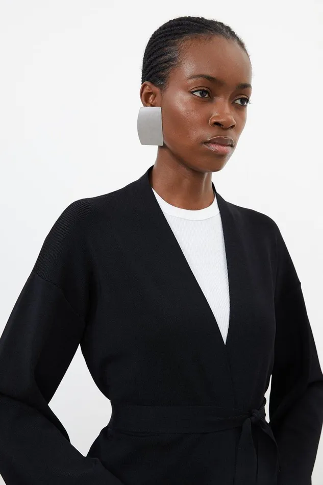 Knitwear Women Karen Millen Belted Premium Drape Knit Edge To Edge Cardigan Black