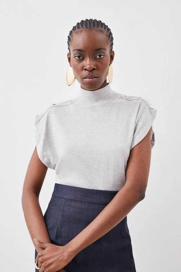 Knitwear Women Karen Millen Cashmere Blend Funnel Neck Cap Sleeve Trimmed Knit Top Grey Marl Knitwear Women Karen Millen Cashmere Blend Funnel Neck Cap Sleeve Trimmed Knit Top Grey Marl