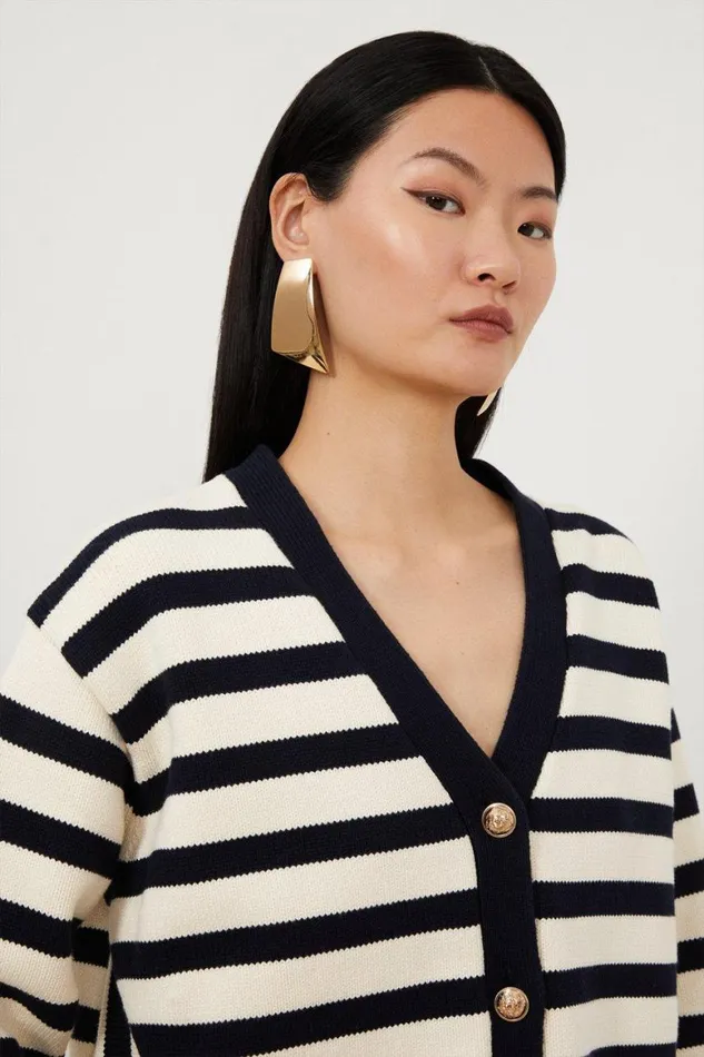 Knitwear Women Karen Millen Cotton V Neck Knit Boxy Striped Cardigan Stripe