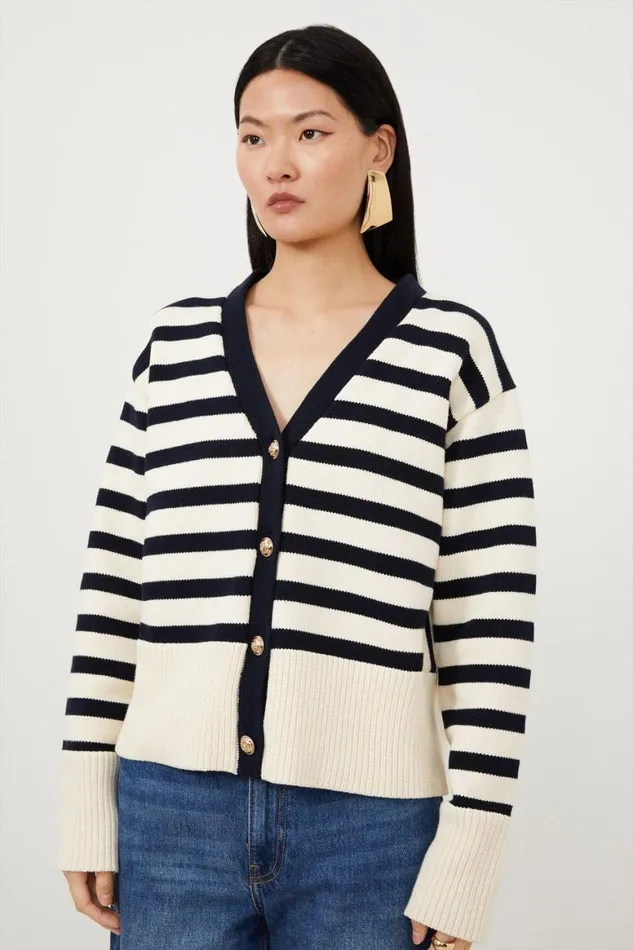 Knitwear Women Karen Millen Cotton V Neck Knit Boxy Striped Cardigan Stripe