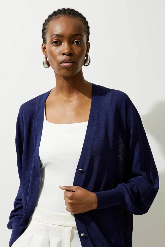 Knitwear Women Karen Millen Lightweight Viscose Blend Summer Knit Relaxed Cardi Navy