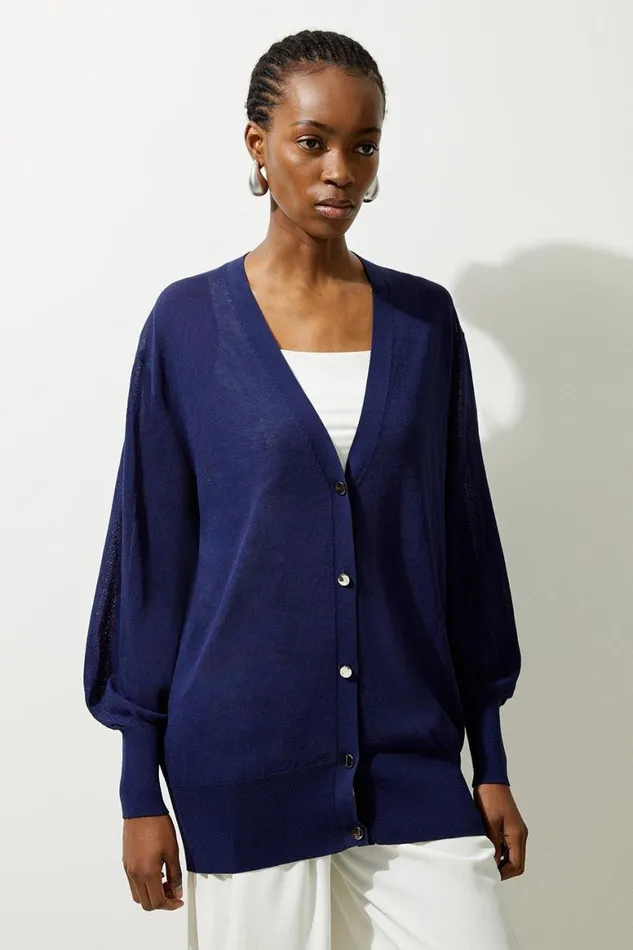 Knitwear Women Karen Millen Lightweight Viscose Blend Summer Knit Relaxed Cardi Navy
