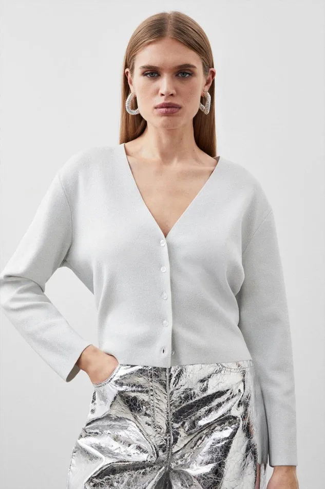Knitwear Women Karen Millen Premium Viscose Blend Body Contouring Sparkle Knit Cardi Silver Knitwear Women Karen Millen Premium Viscose Blend Body Contouring Sparkle Knit Cardi Silver