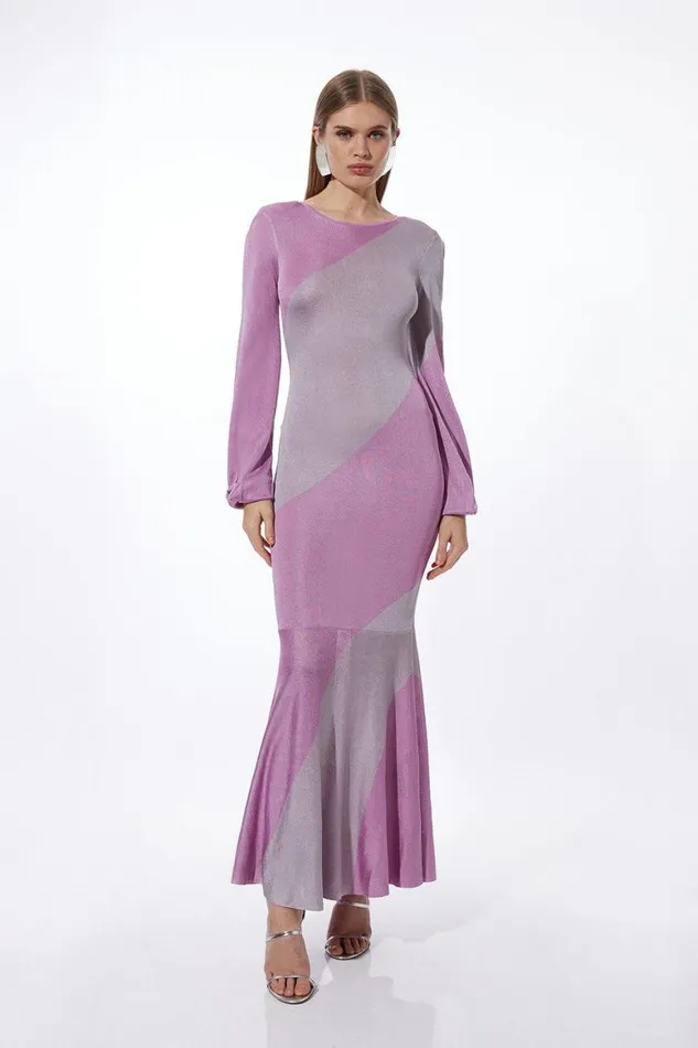 Knitwear Women Karen Millen Slinky Viscose Knit Full Sleeve Colour Blocked Dress Multi