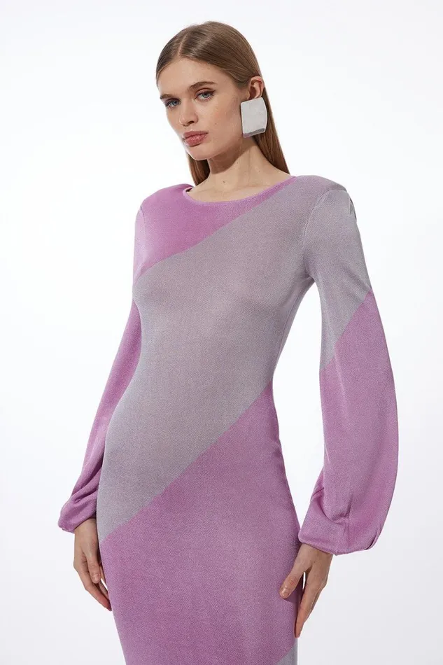 Knitwear Women Karen Millen Slinky Viscose Knit Full Sleeve Colour Blocked Dress Multi