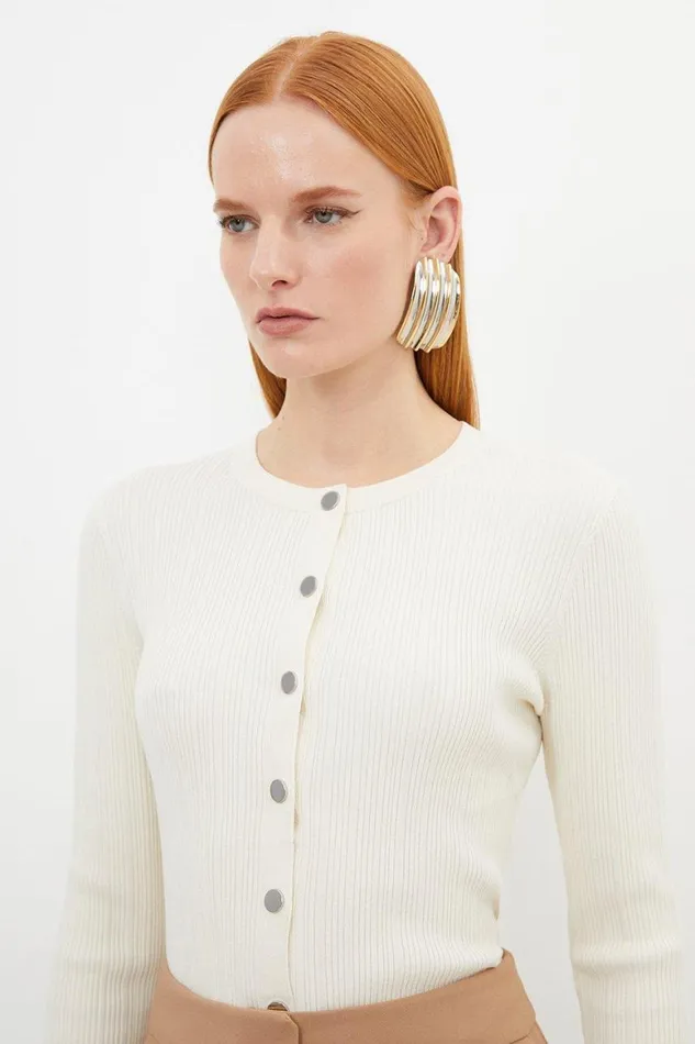 Knitwear Women Karen Millen Viscose Blend Dry Handle Rib Button Through Knit Cardigan Ivory Knitwear Women Karen Millen Viscose Blend Dry Handle Rib Button Through Knit Cardigan Ivory