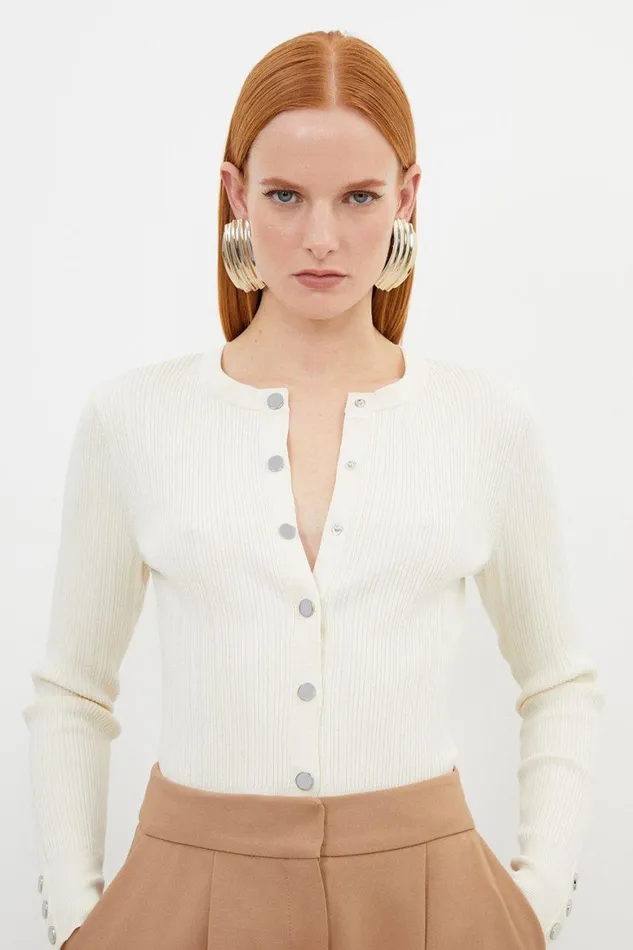 Knitwear Women Karen Millen Viscose Blend Dry Handle Rib Button Through Knit Cardigan Ivory