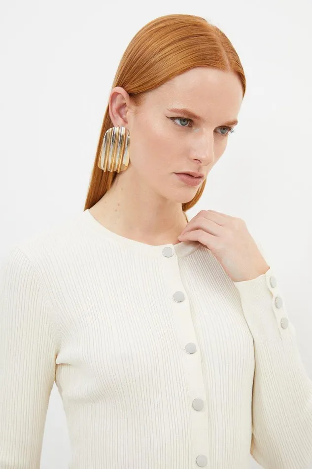 Knitwear Women Karen Millen Viscose Blend Dry Handle Rib Button Through Knit Cardigan Ivory