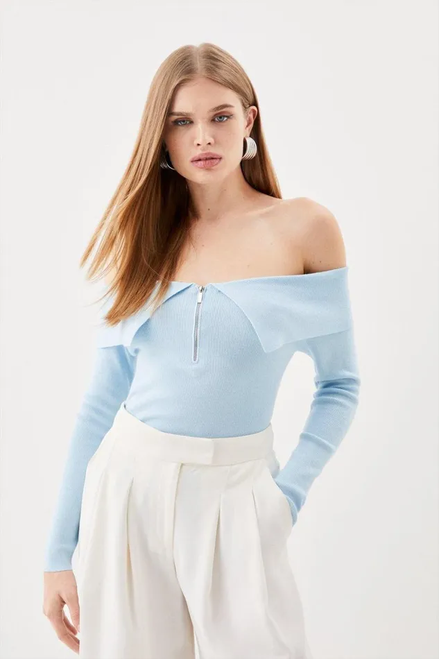 Knitwear Women Karen Millen Viscose Blend Front Zip Bardot Longline Jumper Pale Blue Knitwear Women Karen Millen Viscose Blend Front Zip Bardot Longline Jumper Pale Blue
