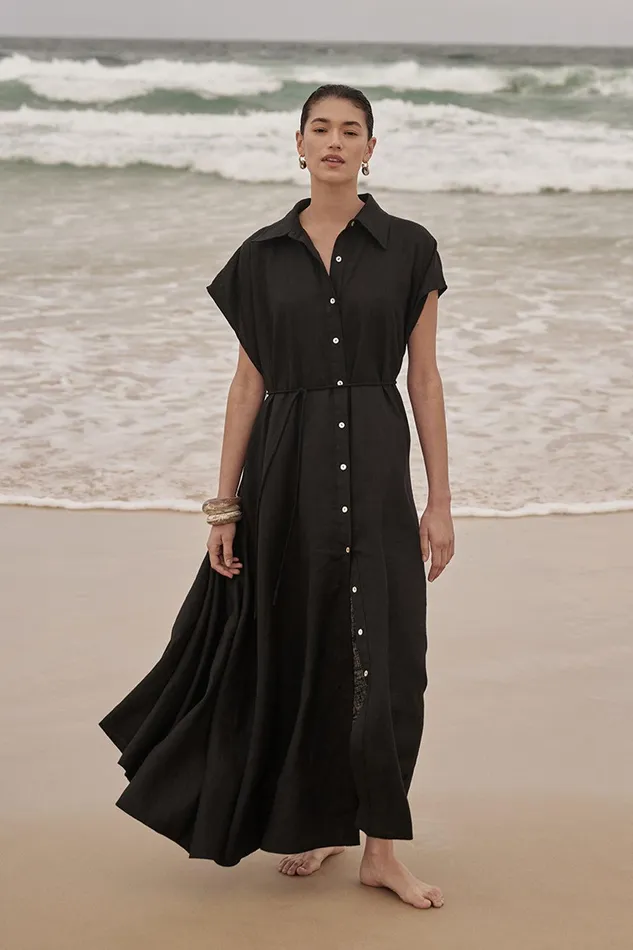 LANA BLACK LINEN MIDI SHIRT DRESS Women DISSH Linen Dresses