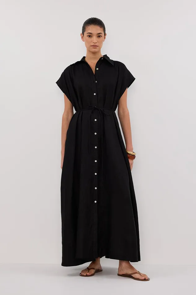 LANA BLACK LINEN MIDI SHIRT DRESS Women DISSH Linen Dresses