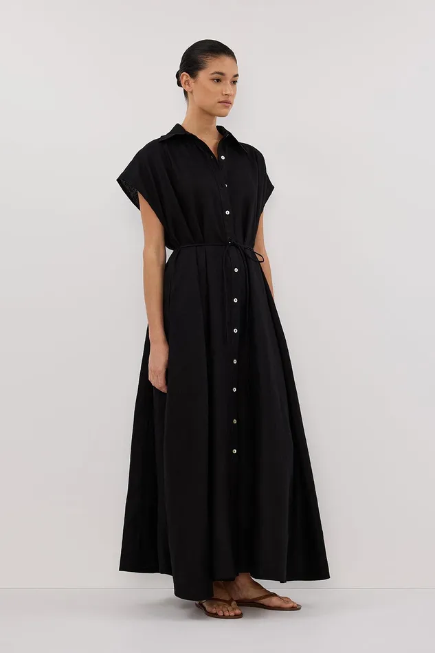 LANA BLACK LINEN MIDI SHIRT DRESS Women DISSH Linen Dresses