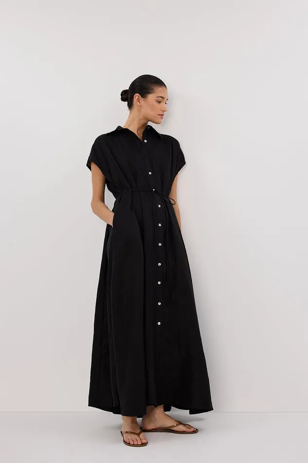 LANA BLACK LINEN MIDI SHIRT DRESS Women DISSH Linen Dresses