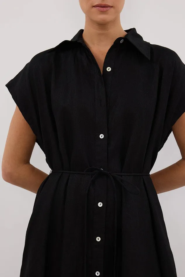 LANA BLACK LINEN MIDI SHIRT DRESS Women DISSH Linen Dresses