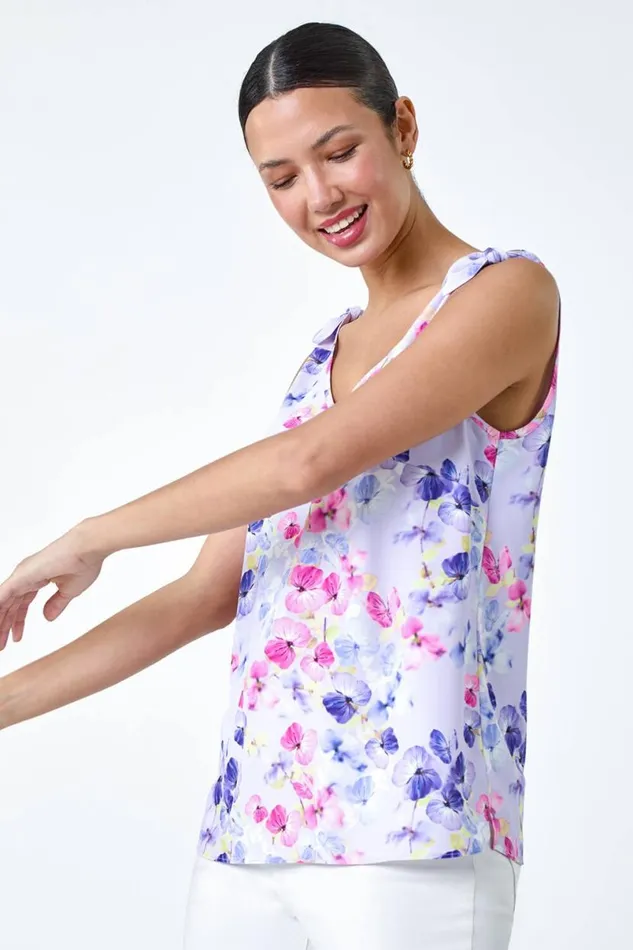 Lavendar Floral Print VNeck Cami Vest Top Women Roman Tops