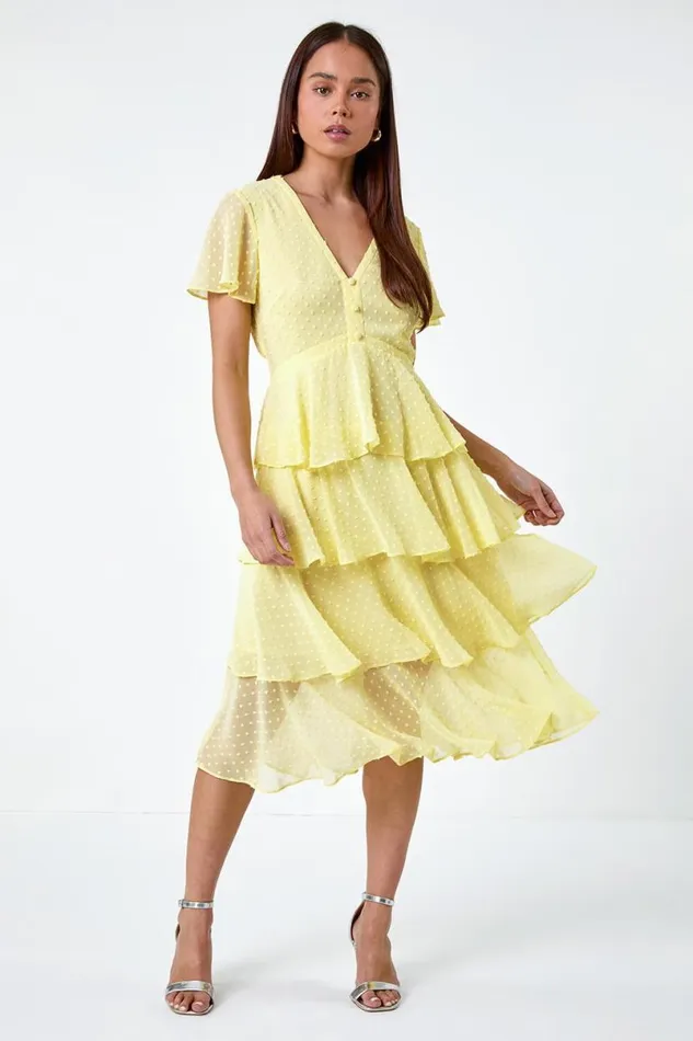 Lemon Petite Textured Spot Tiered Midi Dress Women Roman Dresses