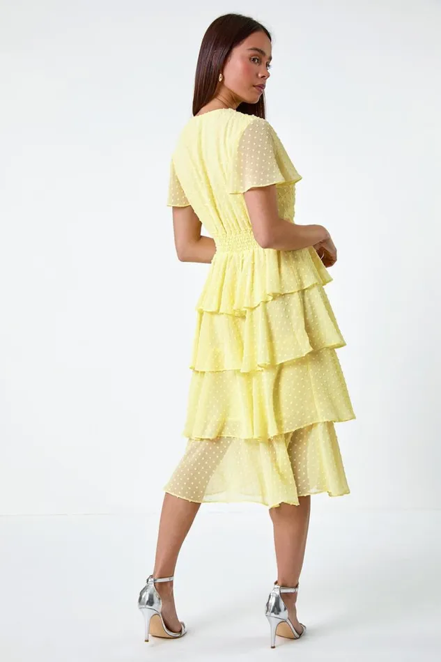 Lemon Petite Textured Spot Tiered Midi Dress Women Roman Dresses
