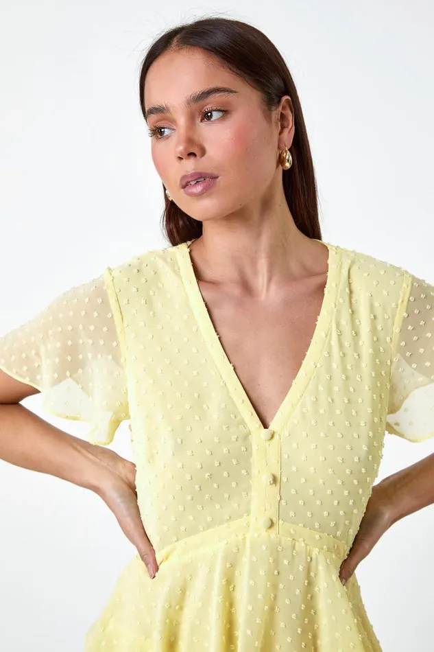 Lemon Petite Textured Spot Tiered Midi Dress Women Roman Dresses