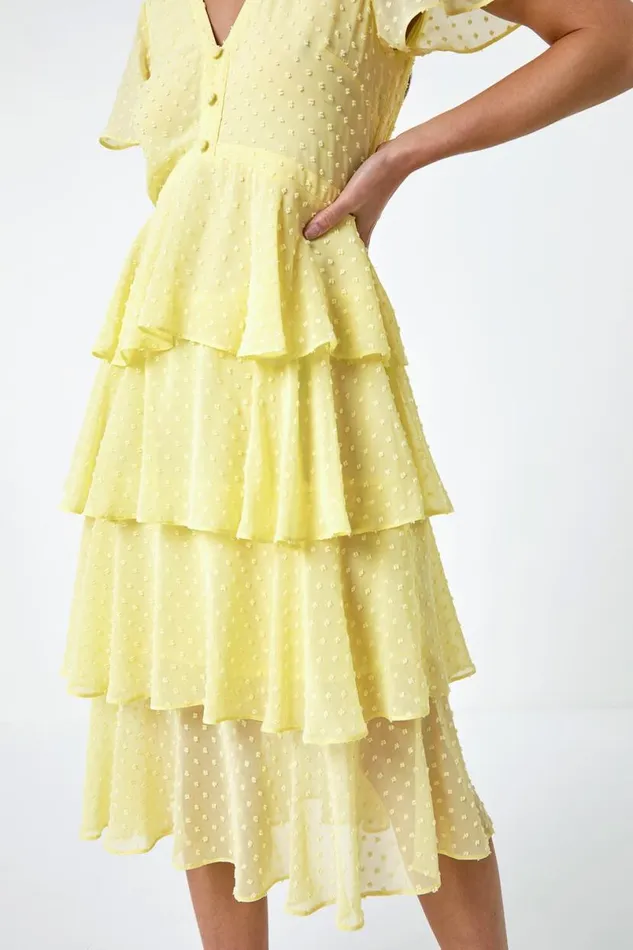 Lemon Petite Textured Spot Tiered Midi Dress Women Roman Dresses