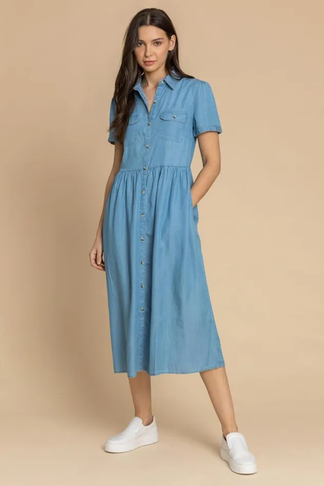 Light Blue Denim Buttoned Midi Shirt Dress Women Roman Dresses