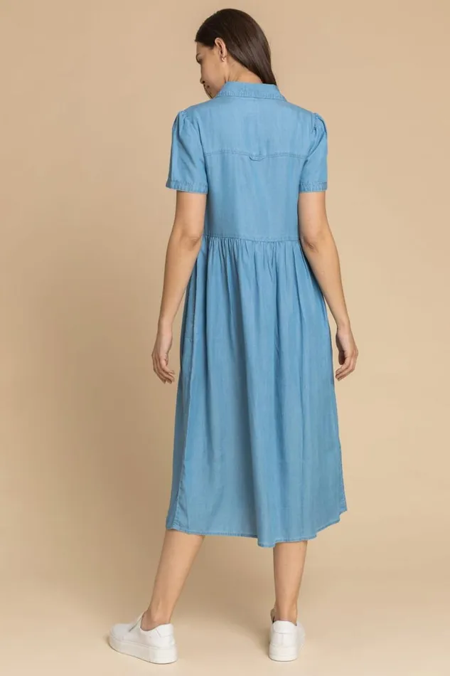 Light Blue Denim Buttoned Midi Shirt Dress Women Roman Dresses