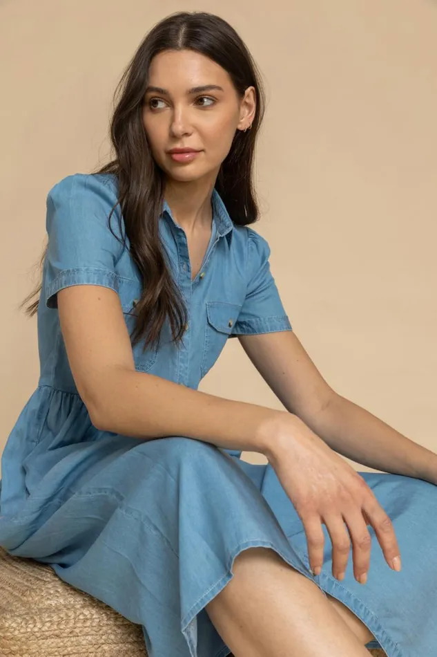 Light Blue Denim Buttoned Midi Shirt Dress Women Roman Dresses