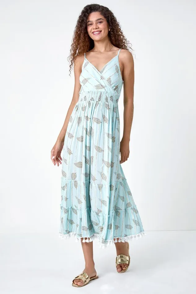 Light Blue Metallic Leaf Print Shirred Maxi Dress Women Roman Dresses