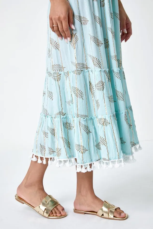 Light Blue Metallic Leaf Print Shirred Maxi Dress Women Roman Dresses