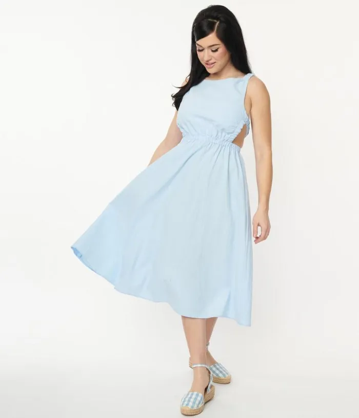 Light Blue Open Back Midi Dress Dresses Unique Vintage Midi