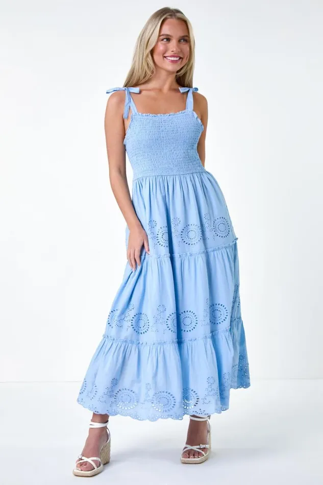 Light Blue Petite Cotton Broderie Tiered Maxi Dress Women Roman Dresses