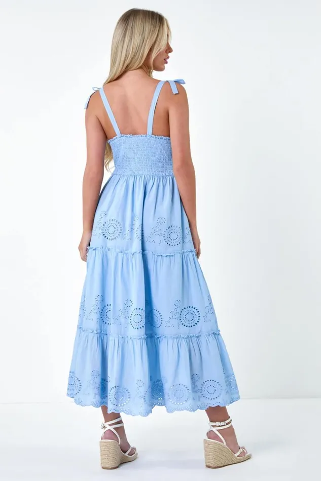 Light Blue Petite Cotton Broderie Tiered Maxi Dress Women Roman Dresses