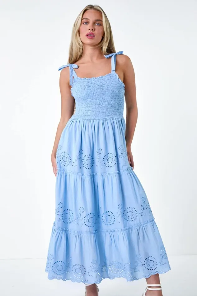 Light Blue Petite Cotton Broderie Tiered Maxi Dress Women Roman Dresses