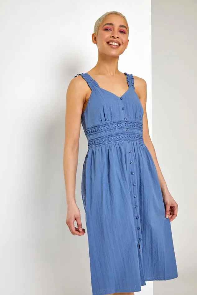 Light Blue Shirred Lace Detail Sundress Women Roman Dresses