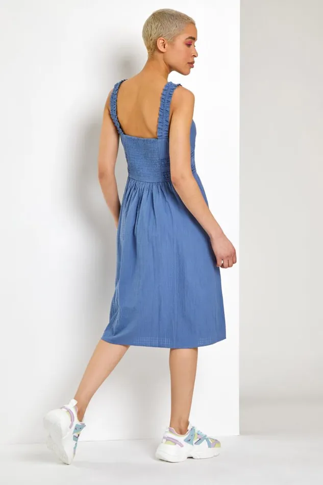 Light Blue Shirred Lace Detail Sundress Women Roman Dresses