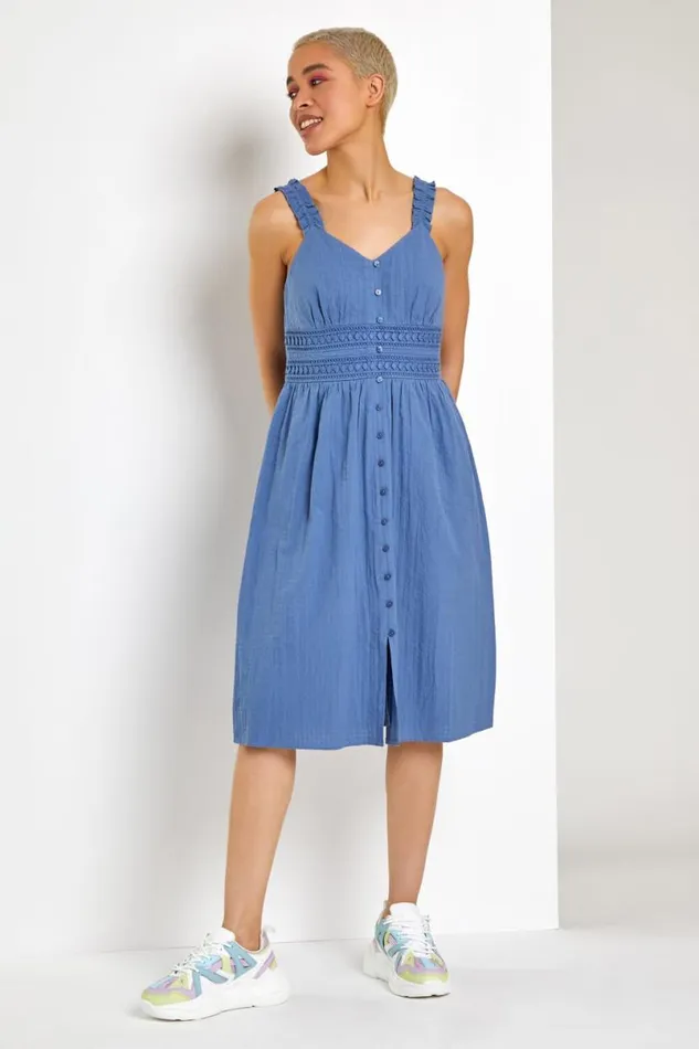 Light Blue Shirred Lace Detail Sundress Women Roman Dresses