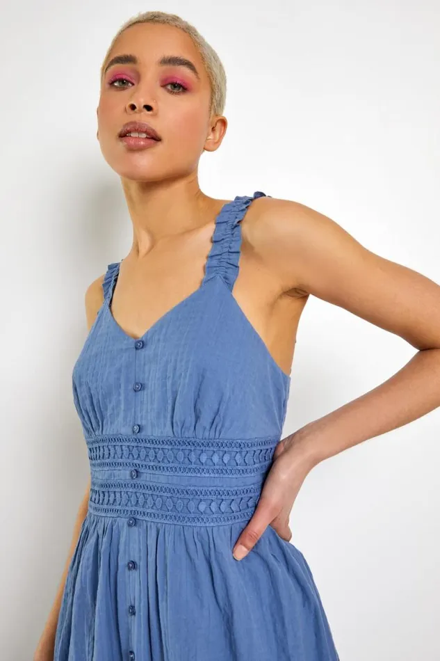 Light Blue Shirred Lace Detail Sundress Women Roman Dresses