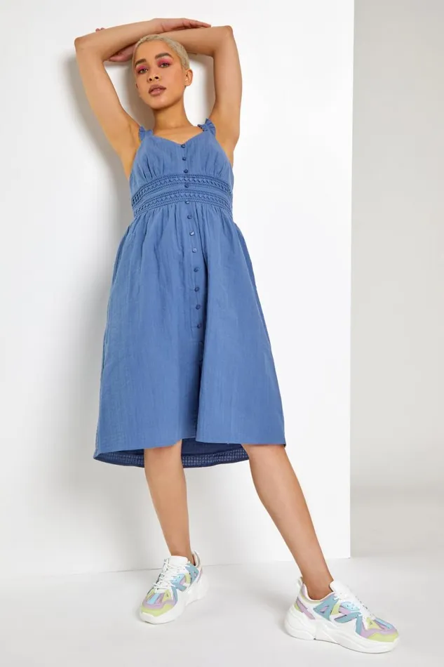 Light Blue Shirred Lace Detail Sundress Women Roman Dresses