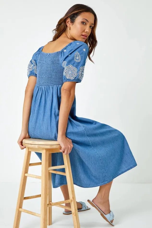 Light Denim Cotton Embroidered Denim Midi Dress Women Roman Dresses