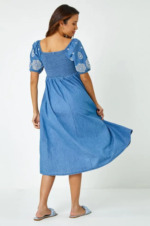 Light Denim Cotton Embroidered Denim Midi Dress Women Roman Dresses