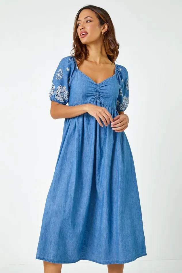 Light Denim Cotton Embroidered Denim Midi Dress Women Roman Dresses