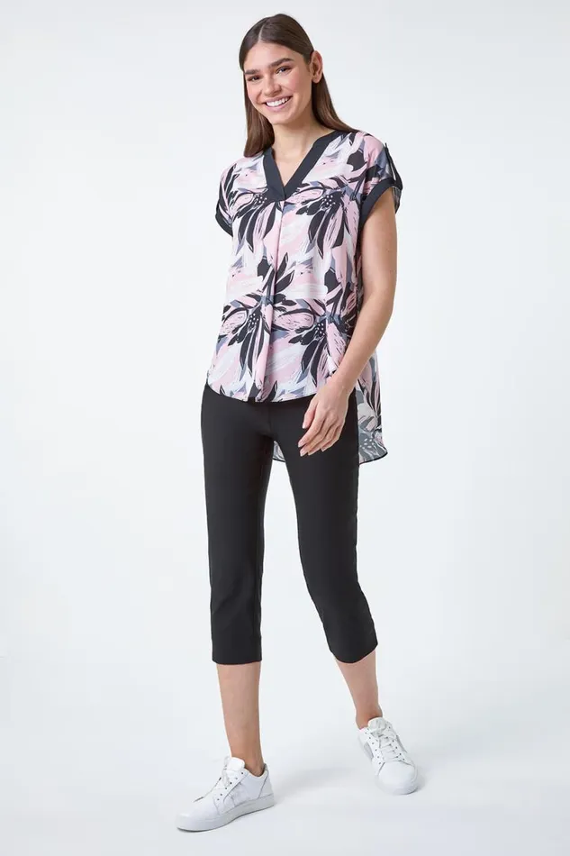 Light Pink Abstract Floral Print Contrast Trim Top Women Roman Tops