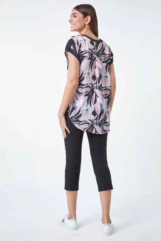 Light Pink Abstract Floral Print Contrast Trim Top Women Roman Tops