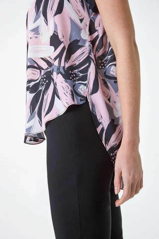 Light Pink Abstract Floral Print Contrast Trim Top Women Roman Tops