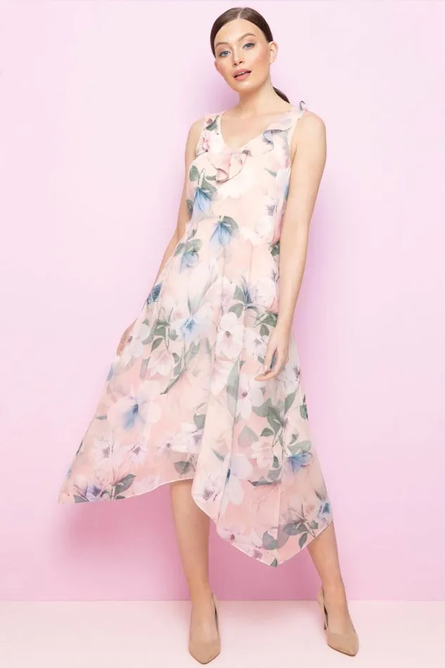 Light Pink Floral Chiffon Frill Midi Dress Women Roman Dresses