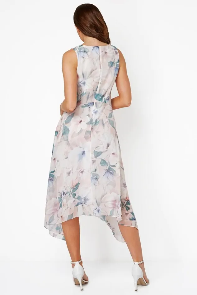 Light Pink Floral Chiffon Frill Midi Dress Women Roman Dresses