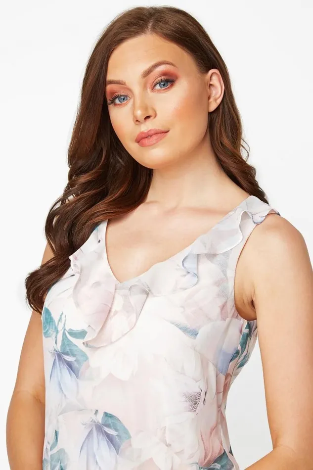 Light Pink Floral Chiffon Frill Midi Dress Women Roman Dresses