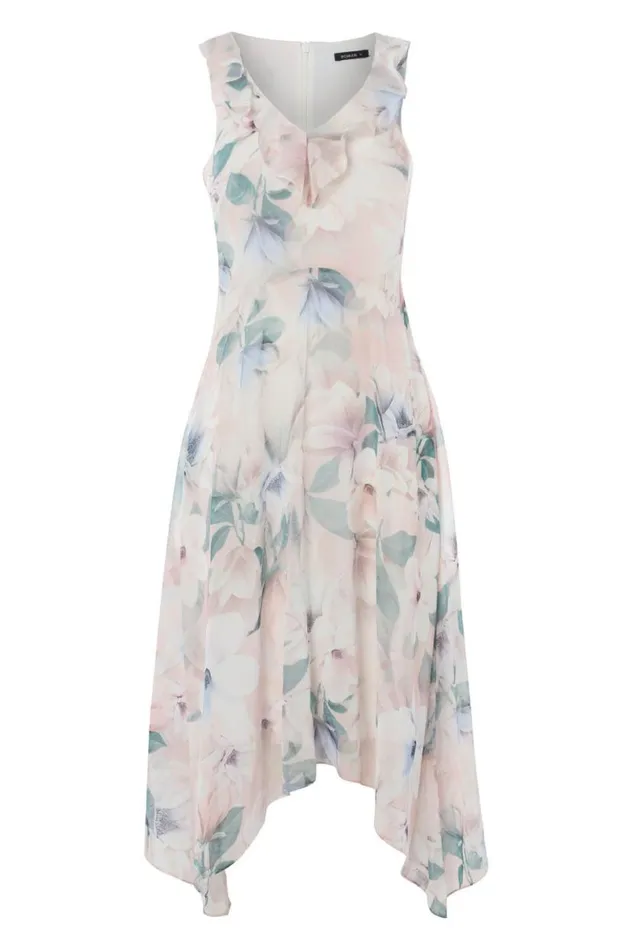 Light Pink Floral Chiffon Frill Midi Dress Women Roman Dresses